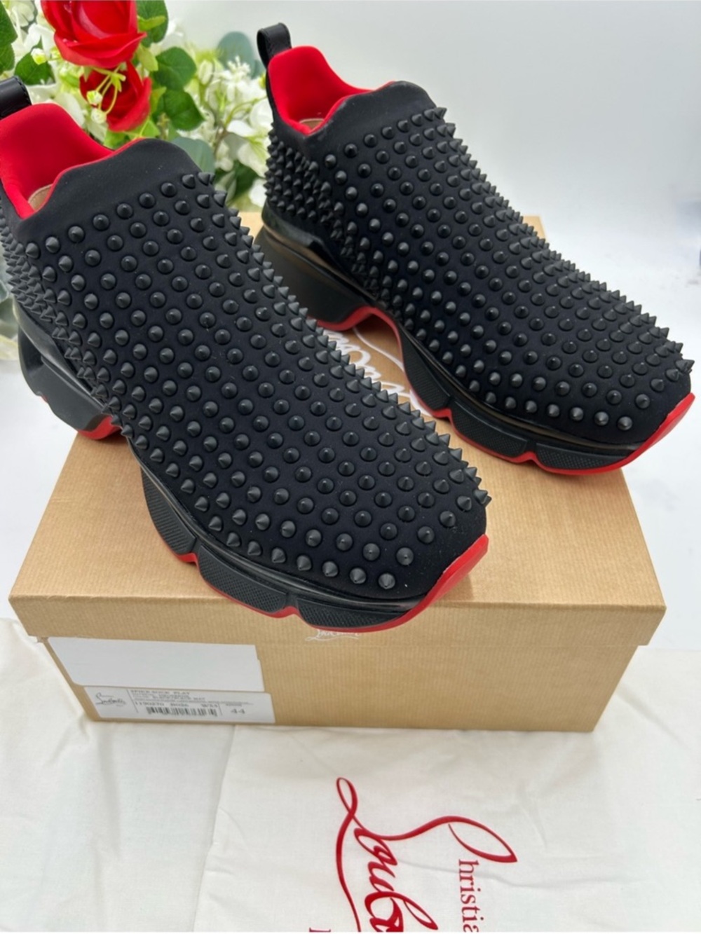 Men’s Christian Louboutin, black spike sock sneaker size 44 made in Italy